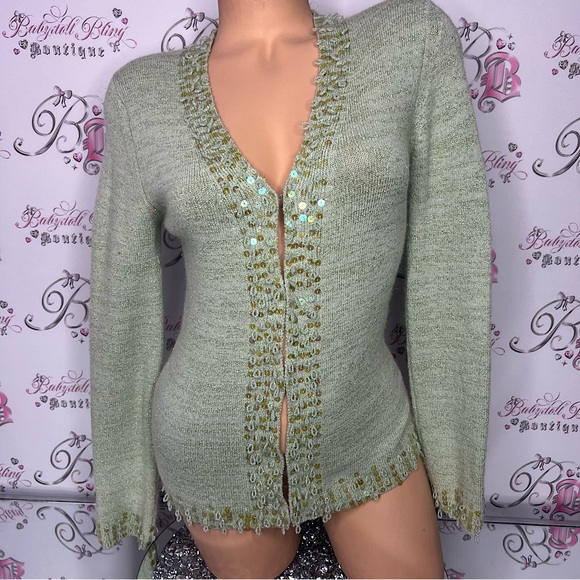 Y2k sparkly green cardigan sequins beaded glitter silver thread fairy π§ vibes - Picture 1 of 14